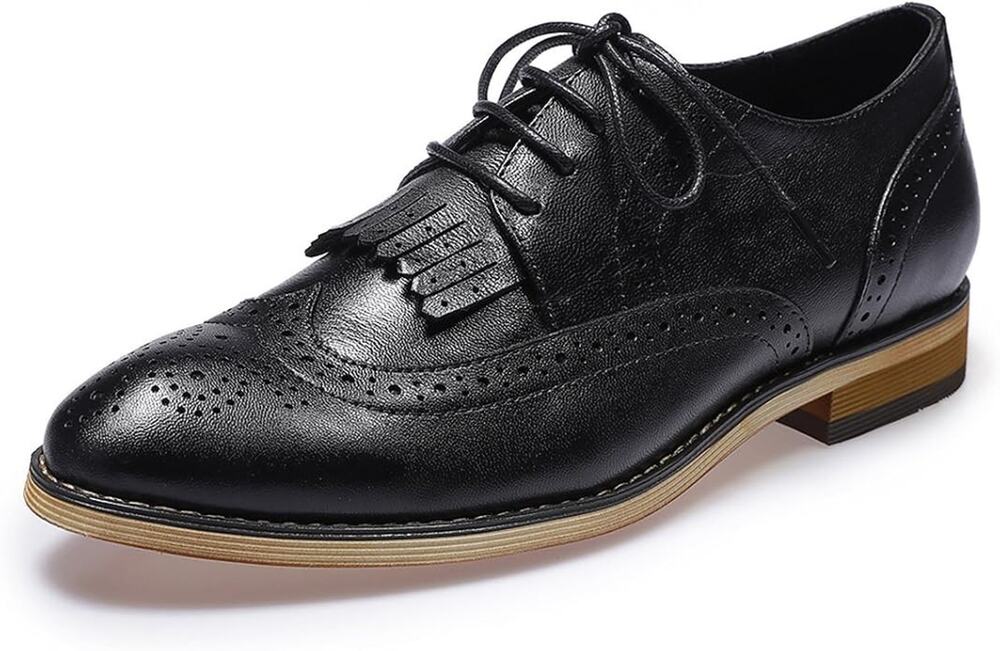 Mona Flying Black Leather Perforated LaceUp Oxford Brogue Wingtip Derby Shoe 8.5